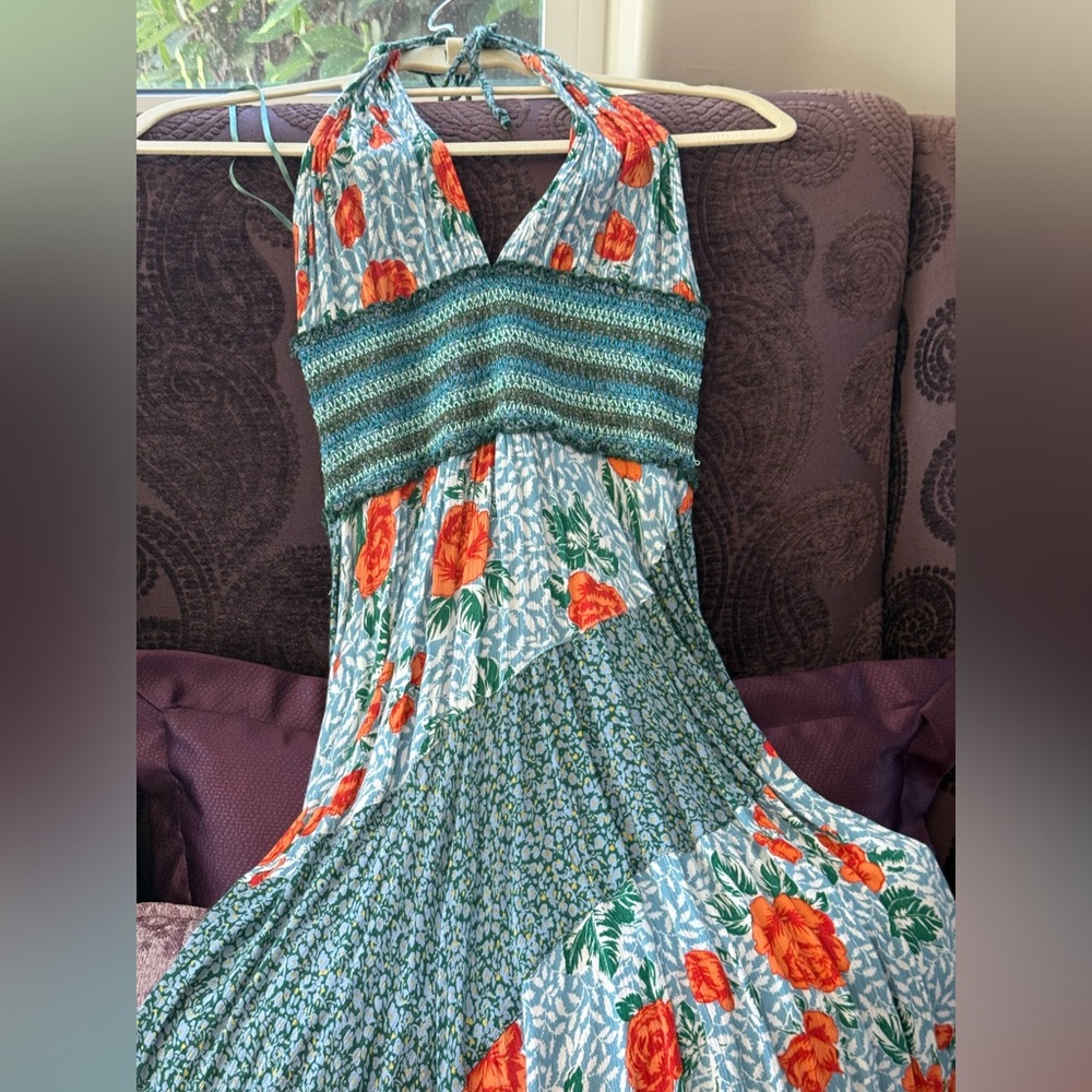 Vibrant Blue and Orange Smocked Maxi Sundress